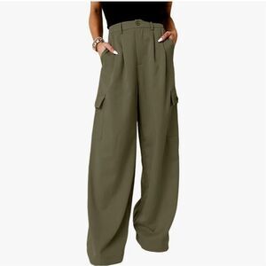New Olive green High Waisted Wide Leg Cargo Career Pants 4 Pockets 10